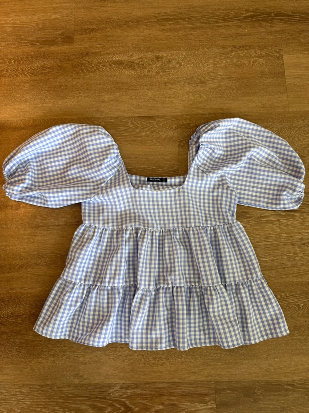 Nasty Gal Purple Gingham Puff-Sleeve Top - Light Blue